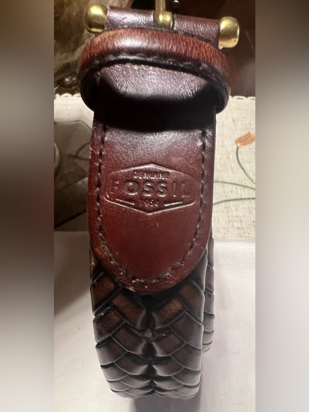 Fossil Brown Woven Leather Belt with Brass Hardware